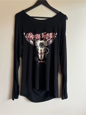 Cowgirl Tuff Cold Shoulder Western Graphic Top Black Long Sleeve Small